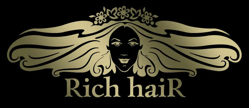 Дизайн логотипу Rich Hair - золотий варіант на чорному тлі з тисненням